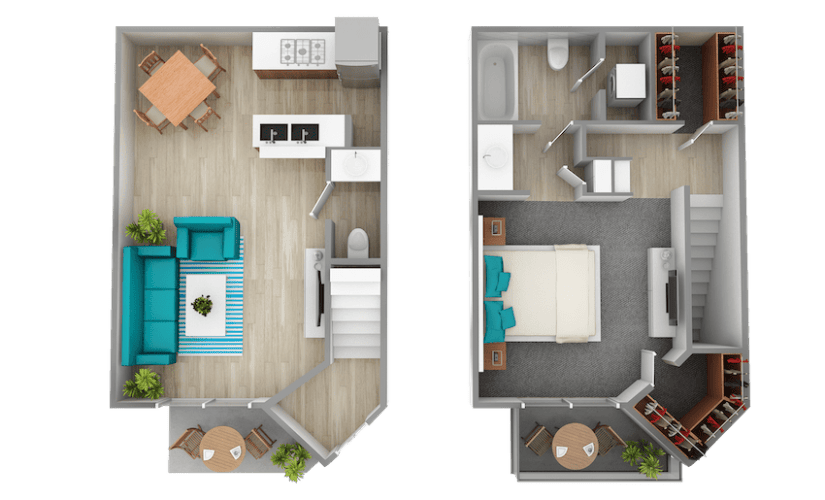 A3 - 1 bedroom floorplan layout with 1.5 bathroom and 872 square feet