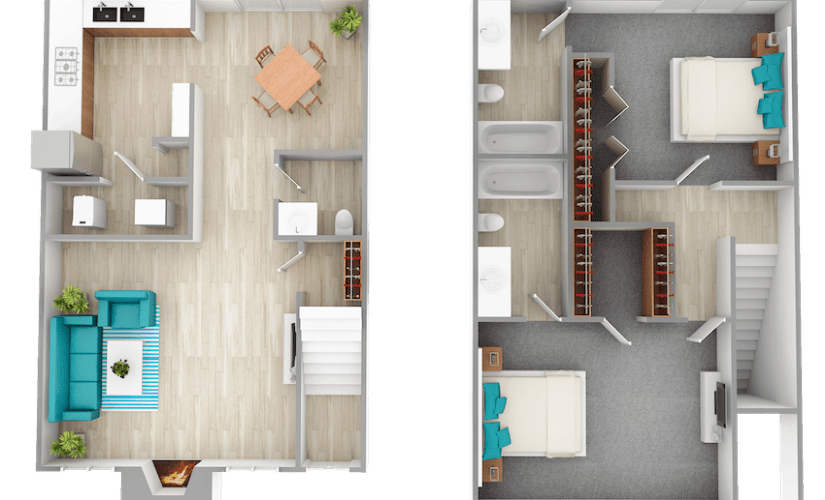 B3 - 2 bedroom floorplan layout with 2.5 bathrooms and 1082 square feet