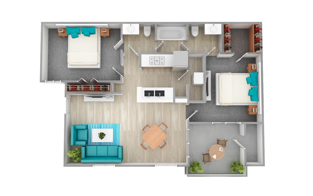 B1 - 2 bedroom floorplan layout with 1.5 bath and 851 square feet.