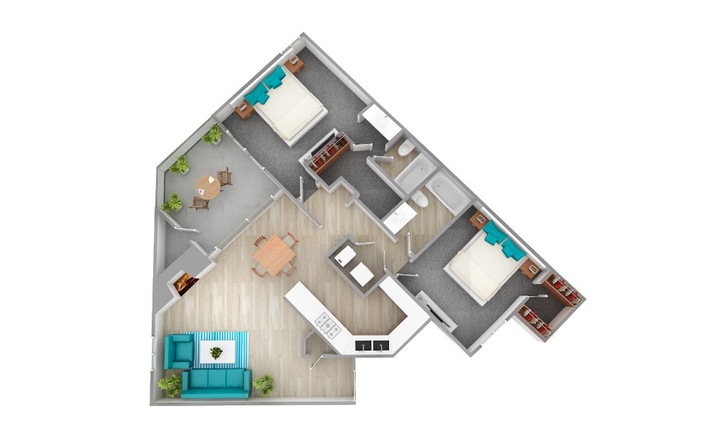 B2 - 2 bedroom floorplan layout with 2 baths and 1056 square feet.